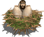 Caveman in nest with huge eggs.